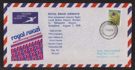 AVIATION 1978 ROYAL SWAZI AIRWAYS FIRST FLIGHT COVER LOUIS BOTHA - MATSAPHA