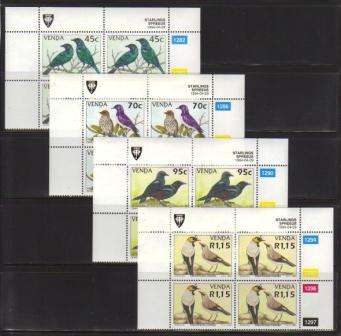 VENDA 1994 STARLINGS (BIRDS) SET OF 4 MNH CONTROL BLOCKS OF 4