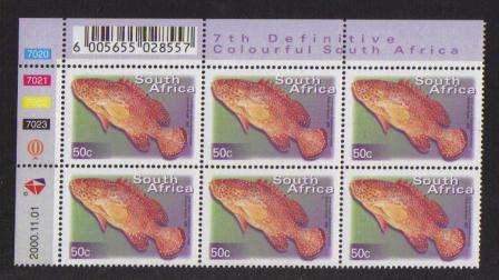 RSA 2000 7TH DEFINITIVE 50c FISHES MNH CONTROL BLOCK 7020/7023 OF 6 DATED 2000/11/01
