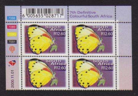 RSA 2000 7TH DEFINITIVE R12.60 BUTTERFLIES MNH CONTROL BLOCK 7088/7091 OF 4 DATED 2000/11/01