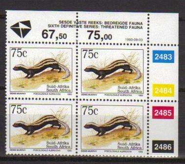 RSA 1993 6TH DEFINITIVE THREATENED FAUNA 75c MNH CONTROL BLOCK 2483/2486 PANE B DATED 1993/09/03
