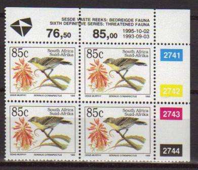 RSA 1995 6TH DEFINITIVE THREATENED FAUNA 85c MNH CONTROL BLOCK 2741/2744 PANE B DATED 1995/10/02