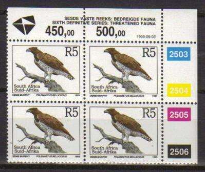RSA 1993 6TH DEFINITIVE THREATENED FAUNA R5 MNH CONTROL BLOCK 2503/2506 PANE A DATED 1993/09/03