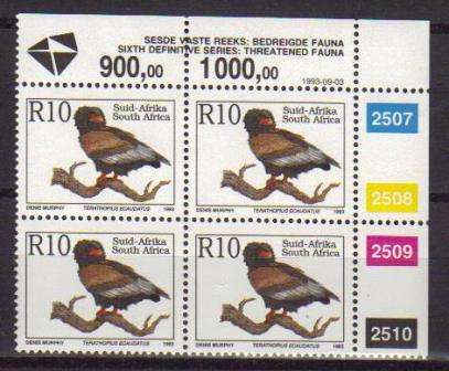 RSA 1993 6TH DEFINITIVE THREATENED FAUNA R10 MNH CONTROL BLOCK 2507/2510 PANE B DATED 1993/09/03