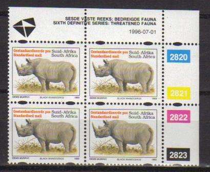 RSA 1996 6TH DEFINITIVE THREATENED FAUNA SP MNH CONTROL BLOCK 2820/2823 PANE A DATED 1996/07/01