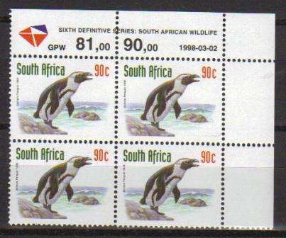 RSA 1998 6TH DEFINITIVE THREATENED FAUNA 90c MNH CONTROL BLOCK UNNUMBERED PANE B DATED 1998/03/02