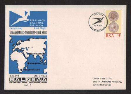 SA AIRWAYS (SAA) FLIGHT COVER # 3 - FIRST FLIGHT JOHANNESBURG - SEYCHELLES - HONG KONG