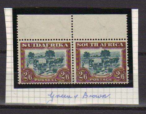 UNION SA 1932 2/6 ROTO PRINTING PRETORIA MINT MARGINAL PAIR SACC 50 GREEN and BROWN WITH UPRIGHT WMK