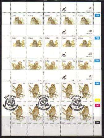CISKEI 1991 OWLS SET OF 4 USED (CTO) FULL SHEETS OF 10