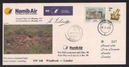 AVIATION 1990 NAMIB AIR SIGNED FLIGHT CARD #40 INAUGURAL FLIGHT BOEING 737 WINDHOEK - LUSAKA