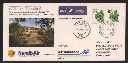 AVIATION 1991 NAMIB AIR FLIGHT CARD #45 FIRST RECIPROCATING FLIGHT BOEING 737 WINDHOEK - GABORONE