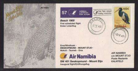 AVIATION 1995 AIR NAMIBIA FLIGHT CARD #57 FIRST FLIGHT BEECH 1900 SWAKOPMUND - MOUNT ETJO