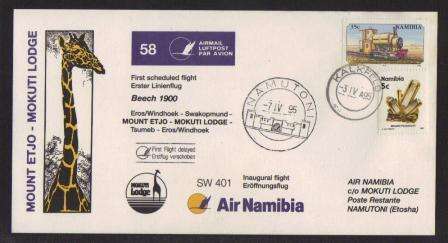 AVIATION 1995 AIR NAMIBIA FLIGHT CARD #58 FIRST FLIGHT BEECH 1900 MOUNT ETJO - MOKUTI LODGE