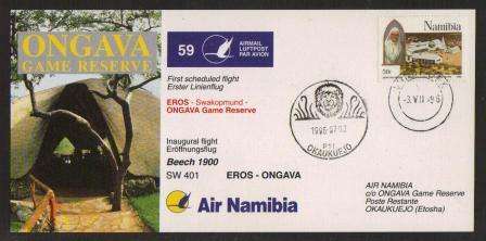 AVIATION 1995 AIR NAMIBIA FLIGHT CARD #59 FIRST FLIGHT BEECH 1900 EROS - ONGAVA