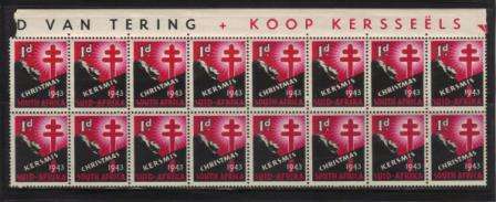 UNION SA 1943 CHRISTMAS LABELS MNH MARGINAL BLOCK OF 16