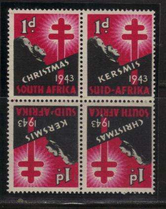 UNION SA 1943 CHRISTMAS LABELS MNH TETE BECHE BLOCK OF 4