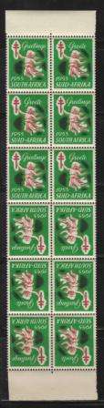 UNION SA 1953 CHRISTMAS LABELS MNH MARGINAL BLOCK OF 12 WITH TETE BECHE CENTRE