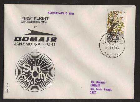 AVIATION 1980 COMAIR FLIGHT COVER 1ST FLIGHT SUN CITY - JHB 6/12/1980