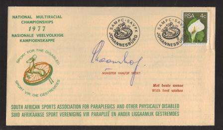 RSA 1977 NATIONAL MULTIRACIAL CHAMPIONSHIPS COM COVER SIGNED BY MINISTER OF SPORT PIET KOORNHOF