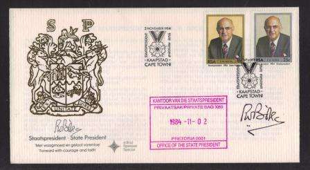 RSA 1984 STATE PRESIDENT FDC 4.9(a)S SIGNED BY PW BOTHA (2 DOTS) WITH CACHE