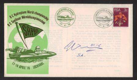 RSA 1976 HYDROPLANE WORLD CHAMPIONSHIP COM COVER SIGNED BY PILOT OC15 FOR SA