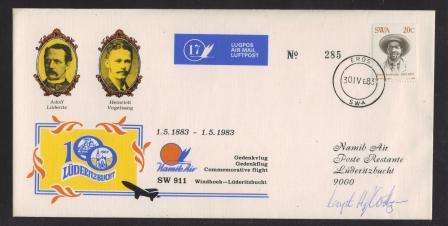 AVIATION 1983 NAMIB AIR SIGNED FLIGHT COVER #17 - WINDHOEK - LUDERITZBUCHT