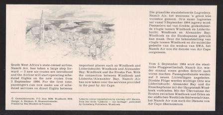 AVIATION 1984 NAMIB AIR SIGNED FLIGHT COVER #19 - LUDERITZBUCHT - WINDHOEK