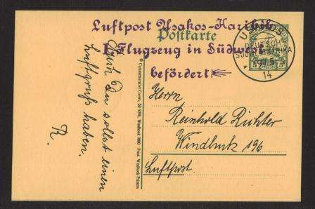 AVIATION 1989 NAMIB AIR SIGNED FLIGHT CARD #33 - USAKOS - WINDHOEK