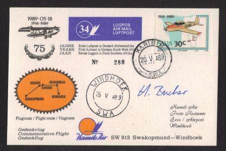 AVIATION 1989 NAMIB AIR SIGNED FLIGHT CARD #34 - KARIBIB - WINDHOEK
