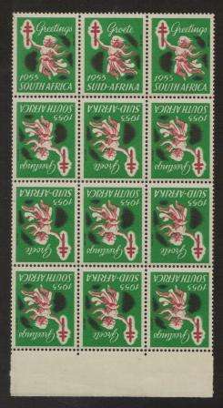 Union SA 1953 Christmas labels MNH tete beche marginal block of 12