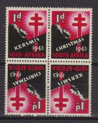 UNION SA 1943 CHRISTMAS LABELS MNH TETE BECHE BLOCK OF 4