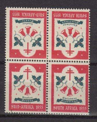 UNION SA 1955 CHRISTMAS LABELS MINT TETE BECHE BLOCK OF 4