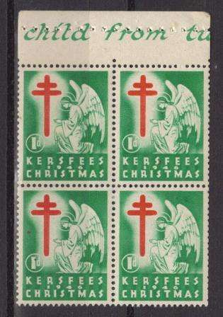 UNION SA 1946 CHRISTMAS LABELS MNH MARGINAL BLOCK OF 4