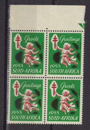UNION SA 1953 CHRISTMAS LABELS MNH MARGINAL BLOCK OF 4