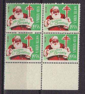 UNION SA 1958 CHRISTMAS LABELS MNH MARGINAL BLOCK OF 4 (FATHER CHRISTMAS)