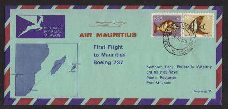 AVIATION - 1975 KEMPAIR FLIGHT COVER # 25 AIR MAURITIUS FIRST FLIGHT JAN SMUTS-MAURITIUS BOEING 737