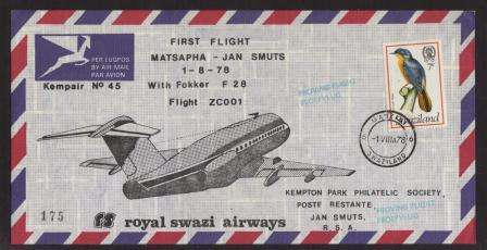 AVIATION 1978 KEMPAIR FLIGHT COVER #45 ROYAL SWAZI AIRWAYS PROVING FLIGHT FOKKER F28 MATSAPHA-JHB