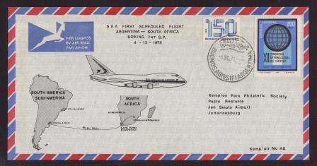 AVIATION 1978 KEMPAIR FLIGHT COVER #48 SAA FIRST FLIGHT ARGENTINA - SA BOEING 747SP