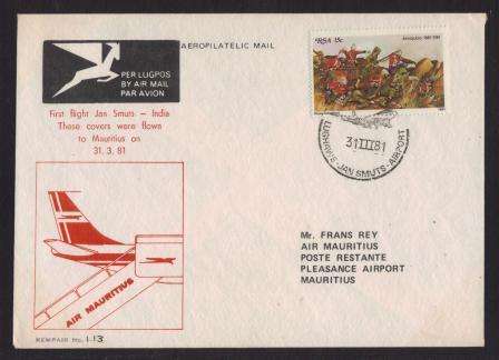 AVIATION 1981 KEMPAIR FLIGHT COVER #1.13 AIR MAURITIUS FIRST FLIGHT JAN SMUTS - MAURITIUS - INDIA