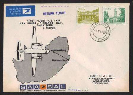 AVIATION 1982 KEMPAIR FLIGHT COVER #1.27 SAA FIRST FLIGHT HS748 JAN SMUTS - RICHARDS BAY
