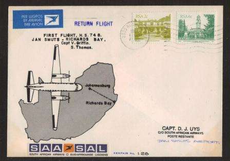 AVIATION 1982 KEMPAIR FLIGHT COVER #1.28 SAA RETURN FLIGHT HS748 JAN SMUTS - RICHARDS BAY