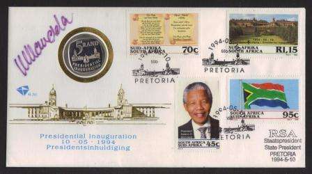 RSA 1994 MANDELA INAUGURATION SPECIAL OFFICIAL FDC 6.3c HAND SIGNED BY MANDELA WITH PROOF COIN