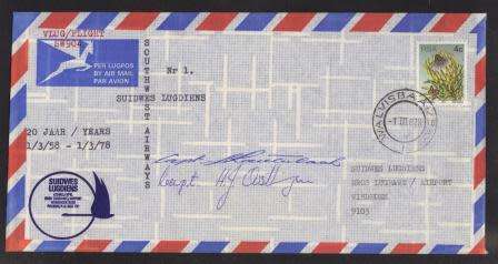 AVIATION 1978 SOUTH WEST AIRWAYS LIMITED EDITION FLIGHT COVER # 1 - 20 YEARS SIGNED BY BOTH CAPTAINS