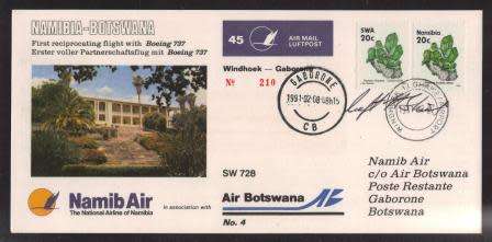 AVIATION 1991 NAMIB AIR SIGNED FLIGHT COVER #45 - SW728 BOEING 737 WINDHOEK - GABORONE