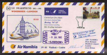 AVIATION 1992 AIR NAMIBIA SIGNED FLIGHT COVER #49 - SW851 BOEING 747 SP SWAKOPMUND - WINDHOEK