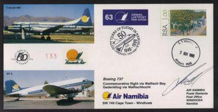 AVIATION 1996 AIR NAMIBIA SIGNED FLIGHT COVER #63 - SW749 BOEING 737 CAPE TOWN - WINDHOEK
