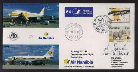 AVIATION 1996 AIR NAMIBIA SIGNED FLIGHT COVER #64 - SW663 BOEING 747 SP WINDHOEK - FRANKFURT