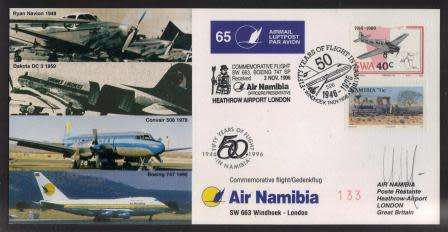 AVIATION 1996 AIR NAMIBIA SIGNED FLIGHT COVER #65 - SW663 BOEING 747 SP WINDHOEK - LONDON