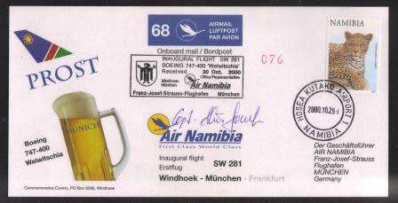 AVIATION 2000 AIR NAMIBIA SIGNED FLIGHT COVER #68 - SW281 BOEING 747-400 WINDHOEK - MUNCHEN