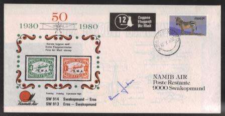 AVIATION 1980 NAMIB AIR SIGNED FLIGHT COVER # 12 SW914 SWAKOPMUND - EROS